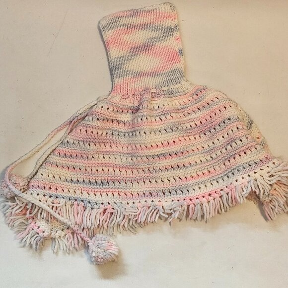 ADORABLE BABY Poncho Knit with Pom Poms and Tassel Fringe 0-6 Months - Picture 3 of 3